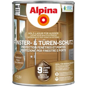 Alpina Fenster- & Türen-Schutz Nussbaum, 2,5 l Holzlasur für Aussenanwendung.