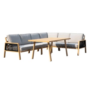 Greemotion Garten-Lounge-Set Monaco, 4-teilig, Beige. Ecksofa mit Aluminiumrahmen in Holzoptik, PE-Geflecht und Tisch.