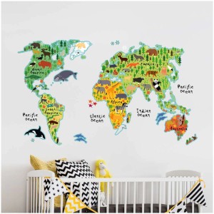Adesivo murale mappamondo XL con animali per cameretta.