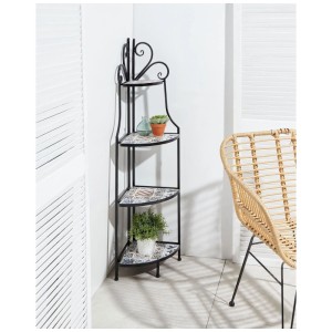 Scaffale angolare nero in ferro con 4 ripiani in piastrelle di ceramica decorate, stile vintage per giardino.