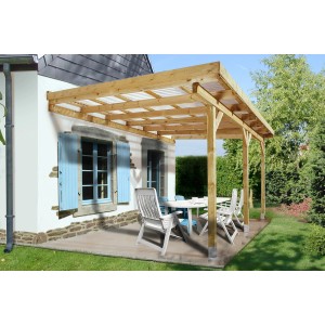 Tettoia per terrazza Weka misura 4 (514x306cm) in legno con tetto trasparente montata a parete.