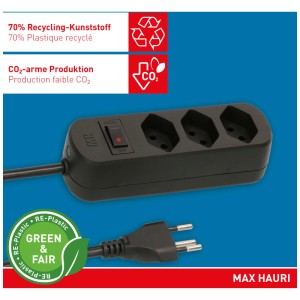 Multiprise noire Max Hauri Basic Line avec 3 prises et câble de 1,5 m.