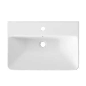 Lavabo baliv Slim bianco 60 cm con rubinetto e sifone, vista dall'alto.