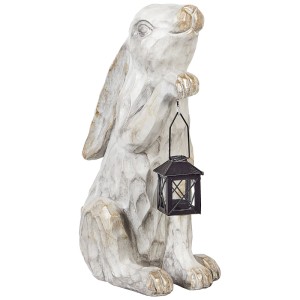 Cremeweisse Kaninchen Gartenfigur mit Laterne, handgefertigt aus Magnesiumoxid, rustikaler Stil.