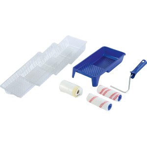 Set per verniciatura LUX, 8 pezzi: vaschetta per pittura, inserti, telaio, rulli per vernice e pellicola protettiva per verniciatura precisa.