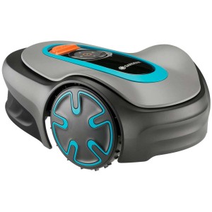 Robot tondeuse Gardena Sileno Minimo 250 gris et noir avec des accents bleus.
