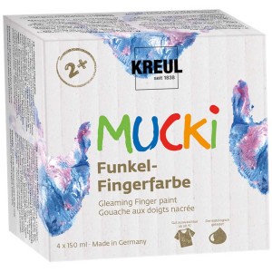 Kreul Mucki Funkel-Fingerfarbe, 4er-Set mit schimmernden Farben für Kinder ab 2 Jahren.