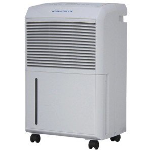 Déshumidificateur blanc Kibernetik M30 sur roulettes avec lamelles et indicateur de niveau d'eau. Pour pièces jusqu'à 100 m³.
