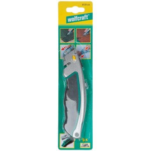 Coltello professionale Wolfcraft con lama trapezoidale retrattile in blister, corpo in metallo, magazzino lame.