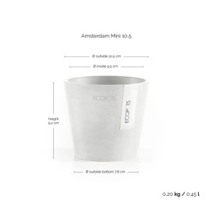 Pot de fleurs blanc Ecopots Amsterdam Mini, diamètre 10,5 cm, idéal pour plantes d'intérieur.