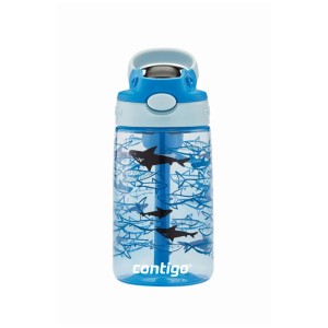 Borraccia Contigo blu con squali, 420 ml, con cannuccia e anello di trasporto.