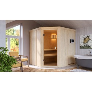 Sauna Woodfeeling Bodo con porta in vetro bronzato e stufa da 9 kW in bagno.
