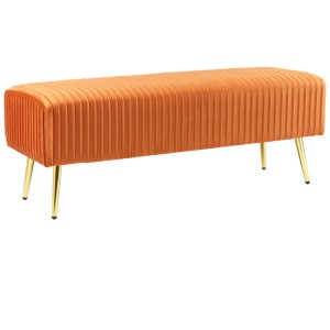 Banquette Paterson en velours orange avec pieds dorés, largeur 118 cm. Tabouret design rétro.