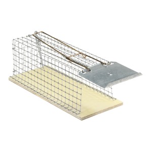 Trappola per topi a gabbia metallica, trappola per cattura dal vivo con base in legno e parti metalliche.