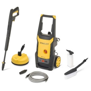 Nettoyeur haute pression Stanley SXPW14PE (jaune/noir) avec accessoires comme nettoyeur de terrasse et buses.
