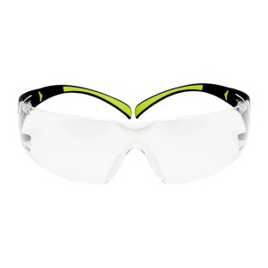 Lunettes de protection 3M SecureFit 400 avec verre en polycarbonate transparent et branches vert-noir.