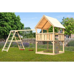 Tour de jeu Karibu Luis avec balançoire double, mur d'escalade et toit à deux pentes dans le jardin.
