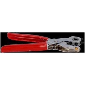 Pince emporte-pièce pour cuir (200 mm) avec poignées rouges et tête rotative pour différentes tailles de trous.