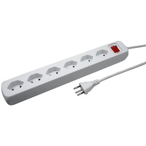 Weiße Power Easy Steckdosenleiste mit 6 Typ13-Steckdosen, 1,5 m Kabel und Schalter.
