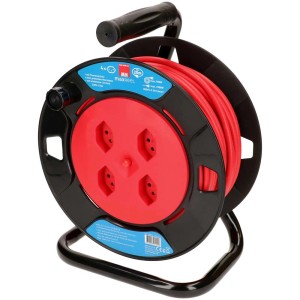 Enrouleur de câble 4 prises, rouge et noir, câble de 25 m, cadre en métal.