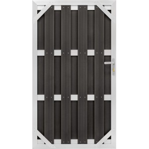 Porta WPC antracite con telaio in alluminio, 180x100 cm, per recinzione privacy.