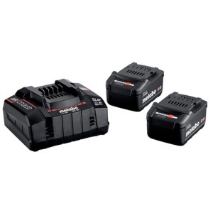 Metabo Basis-Set mit zwei schwarzen Li-Power 18V 5,2 Ah Akkus und einem Schnellladegerät ASC 145 für Elektrowerkzeuge.