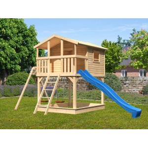 Maison sur pilotis Karibu Benjamin avec balançoire double et toboggan bleu dans le jardin.