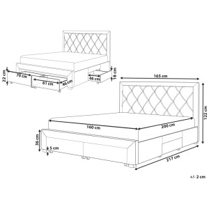Skizze: Beiges Samt Bett 160x200 cm Lievin mit Schubladen und Maßangaben.