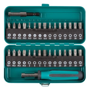 Wolfcraft Bit-Box, set da 32 pezzi, con inserti per viti a taglio, a croce, TX ed esagonali in custodia metallica.