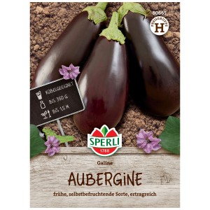 Graines d'aubergine Sperli Galine, paquet avec des aubergines violettes sur terre.
