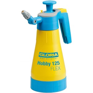 Pulvérisateur à pression Gloria Hobby 125 Flex, 1,25 l, jaune/bleu, avec buse pivotante et tube d'aspiration flexible.