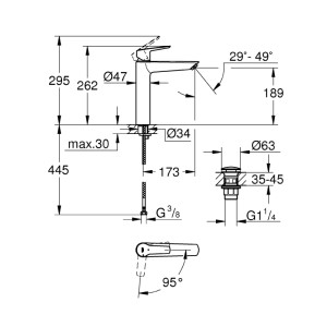 Disegno tecnico: Miscelatore lavabo Grohe Start XL con dimensioni e dettagli di installazione.