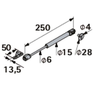 Disegno tecnico della molla a gas Hettich Lift Basic per ante con dimensioni e componenti di fissaggio.