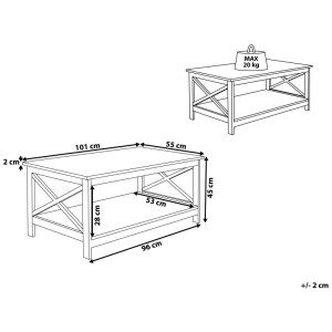 Croquis : Table basse blanche Foster avec dimensions (45x100x55 cm), MDF, rangement.