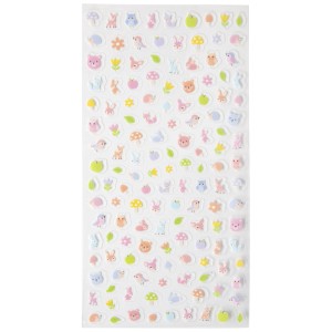 Mini-Stickerbogen mit Tier- und Naturmotiven in Pastellfarben zum Basteln und Dekorieren.