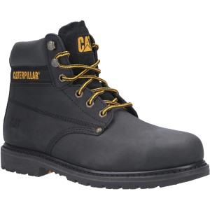 Chaussure de sécurité noire Cat Powerplant S3, taille 41, en cuir avec lacets jaunes.