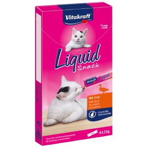 Vitakraft Cat Liquid-Snack Canard, lot de 6x15g. Snack crémeux pour chat au canard et Bêta-glucanes.