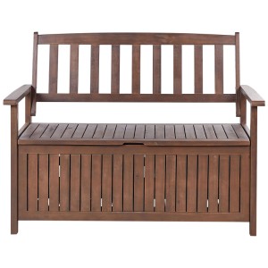 Banc de jardin Beliani Sovana en acacia marron-rouge avec espace de rangement sous l'assise.