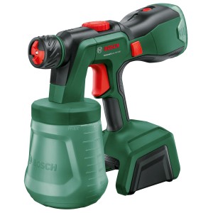 Sistema di verniciatura a spruzzo a batteria Bosch UniversalSpray 18V-300, verde e nero.