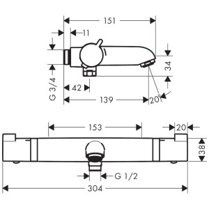 Disegno quotato del termostato per vasca Hansgrohe Ecostat Comfort, esterno, cromo, con dimensioni.