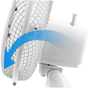 Gros plan : ventilateur de table blanc Emerio (Ø 23 cm) avec fonction d’inclinaison.