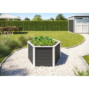 Aiuola rialzata esagonale Weka color antracite, 143x120x68,5 cm, con piante in giardino.