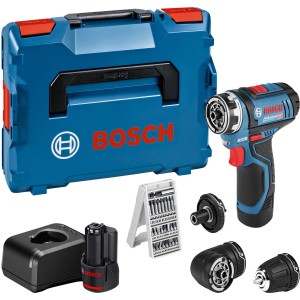Set avvitatore a batteria Bosch Professional GSR 12V-15 FC con accessori e 2 batterie nella scatola di immagazzinaggio blu.