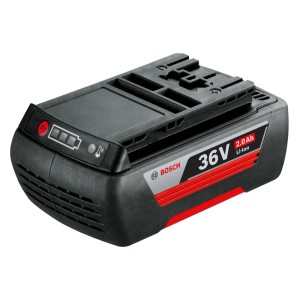 Batterie de rechange Bosch Li-Ion 36V 2Ah pour accessoires de tondeuse. Noire avec accent rouge, indicateur de charge.