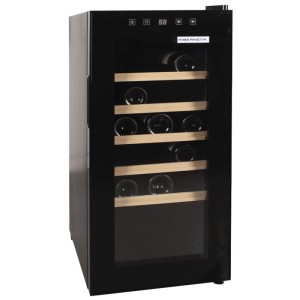Kibernetik Weinkühlschrank schwarz, 88 l, mit Glastür, Holzregalen und Weinflaschen.