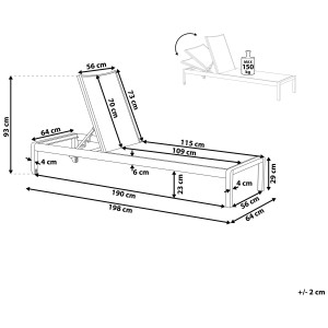 Schizzo del lettino da giardino nero Beliani Fossato con dimensioni.
