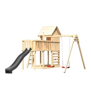 Maisonnette en bois Karibu Frieda avec toboggan, balançoire et mur d'escalade.