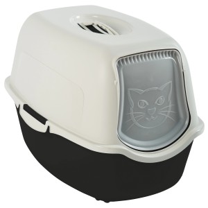 Maison de toilette pour chat Rotho Eco Bailey, noir/sable, avec couvercle et porte battante.