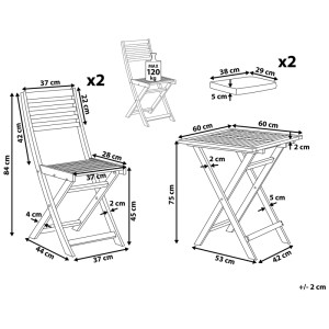 Schizzo: Set balcone 3 pz. Beliani Fiji, acacia, cuscini blu, dimensioni