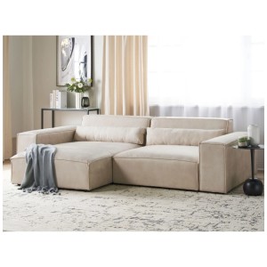Canapé d'angle en velours beige Beliani Hellnar, 70x176x262 cm. Canapé moderne avec méridienne et coussins.